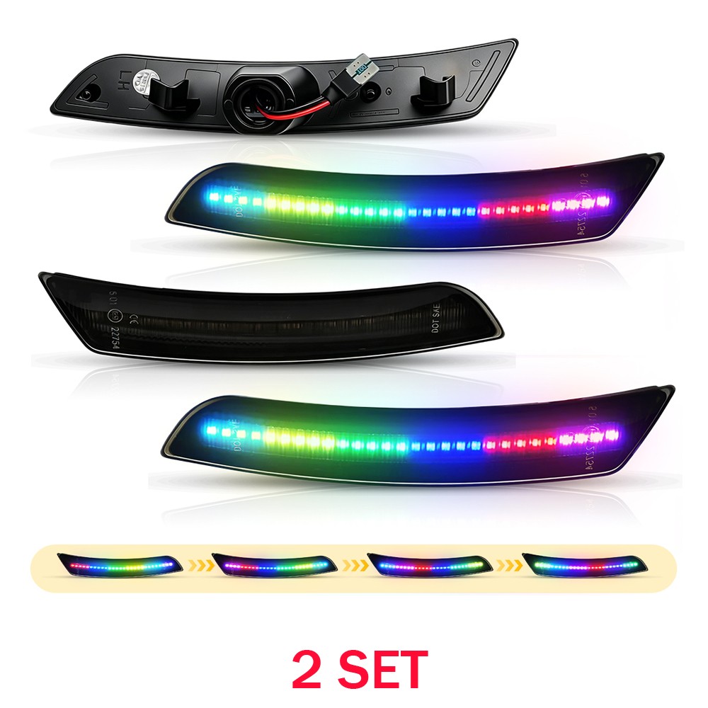 Fits 2016-23 Camaro 8X Smoked Colorful Flowing LED Front+Rear Side Marker Lights