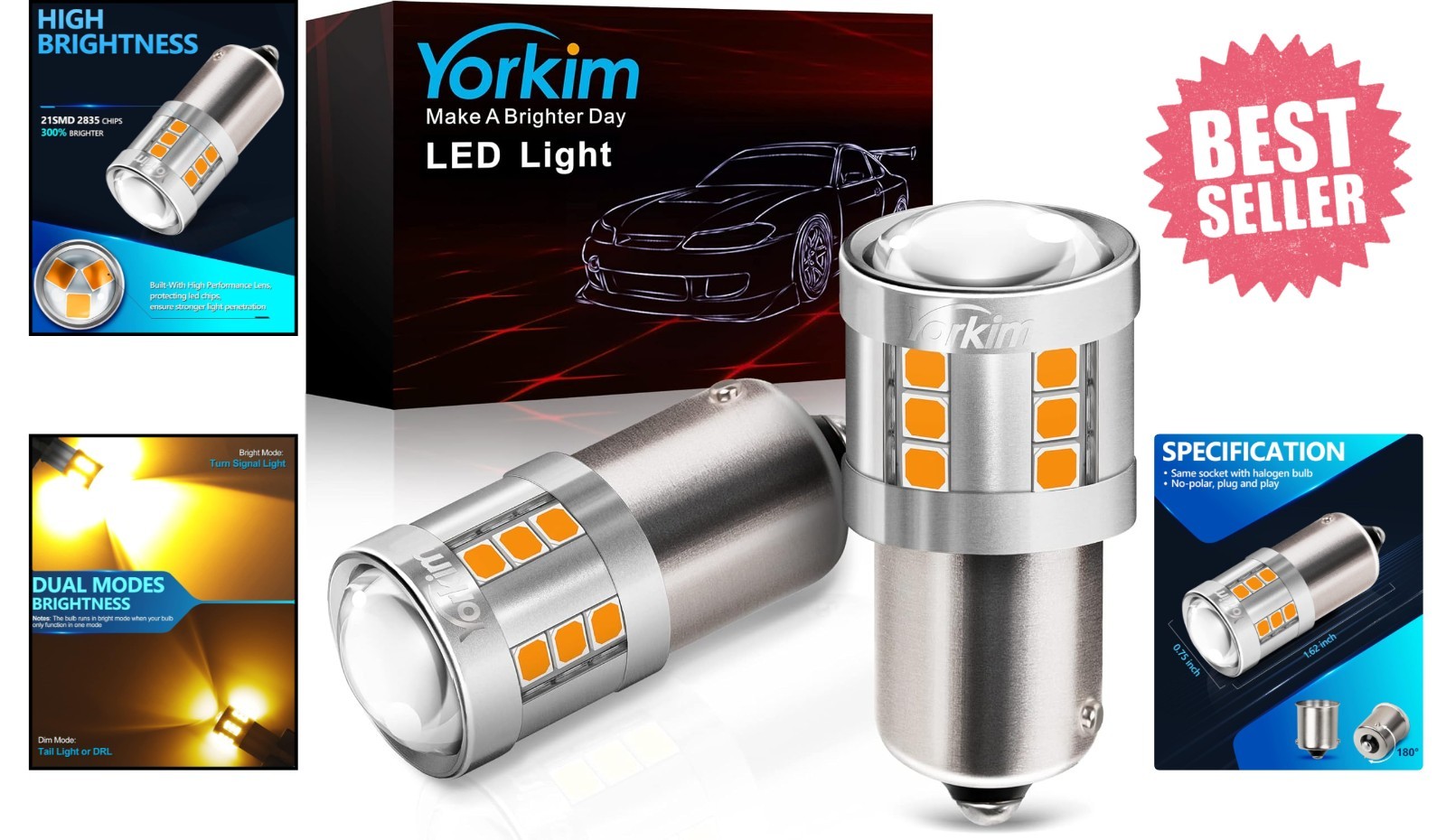Super Bright 1156 LED Amber Bulb, Pack of 2, for Vehicle Turn Signals & Blinkers