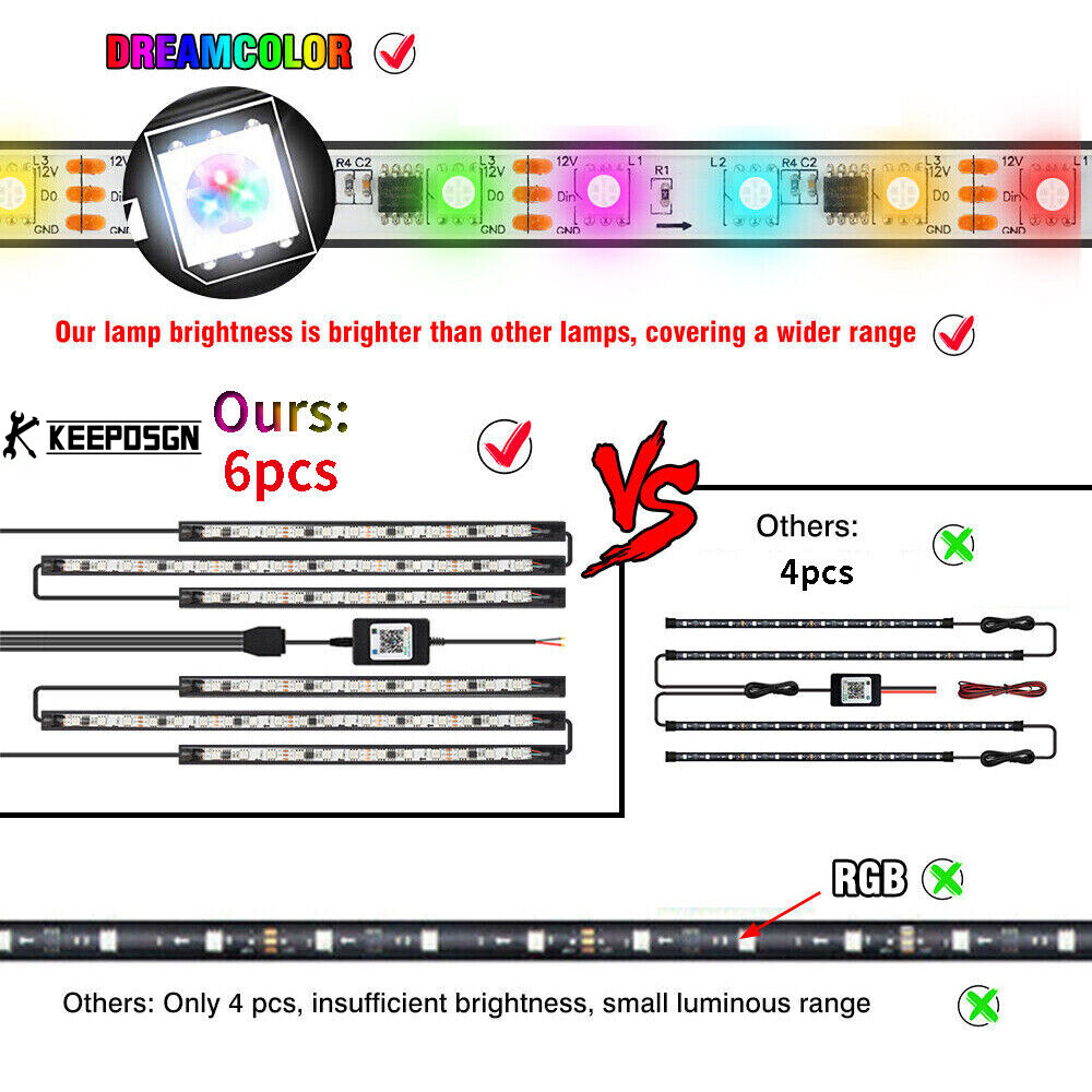 6 PCS RGB LED Underglow Lights LED Lighting Kit Neon Accent Strips For GMC Yukon