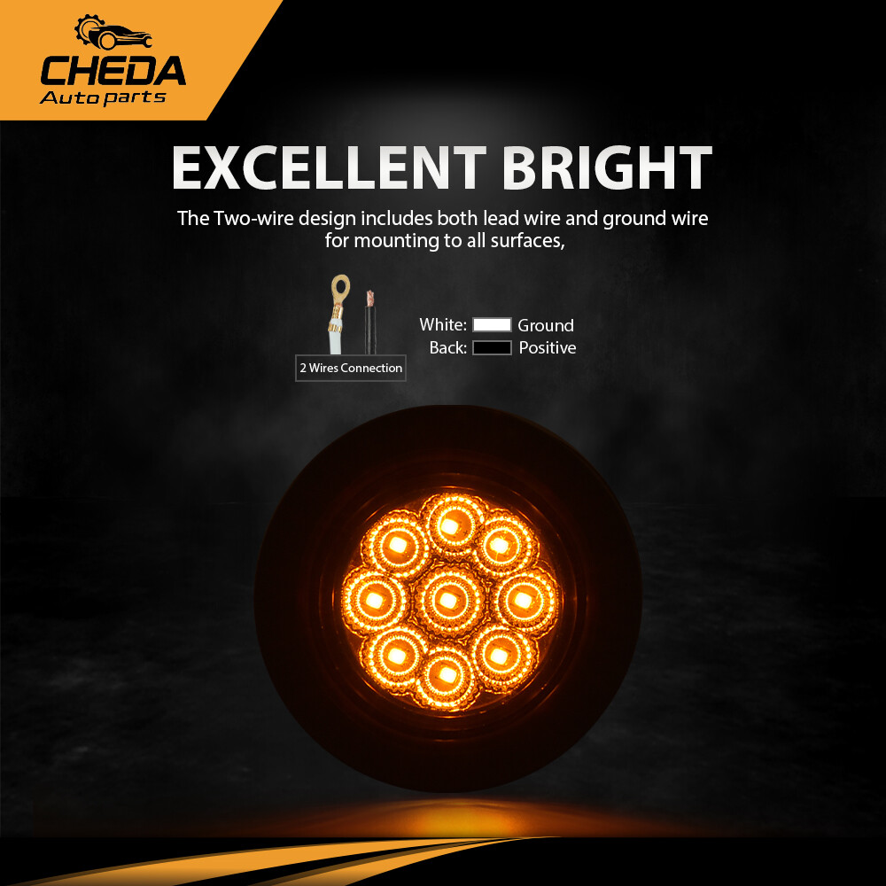 2x Amber 2″ Inch Round 9-LED Side Marker Clearance Lights Truck Trailer Lamp 12V