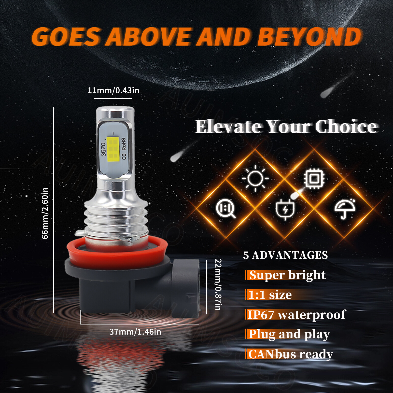 H11 LED Headlight Bulb Low Beam Fanless Super Bright Pure White 2pcs Combo 6000K