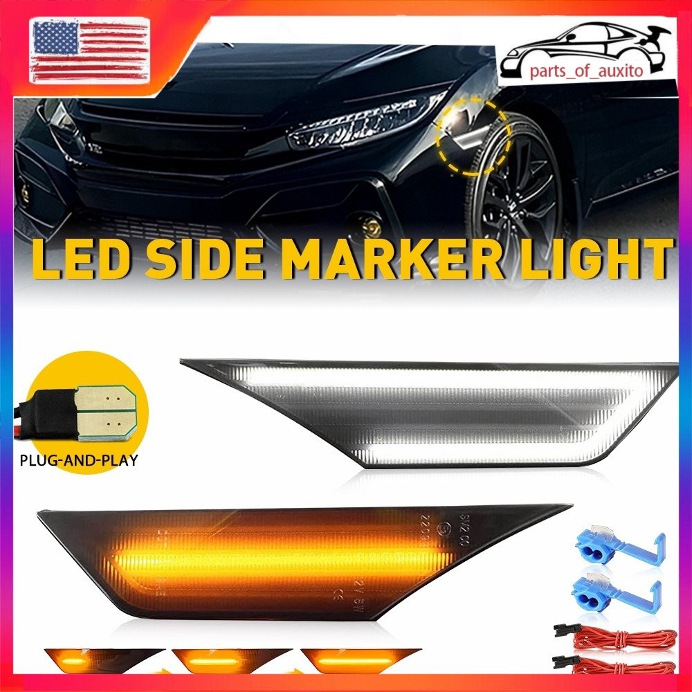 2/4x LED Side Marker Signal Turn Light For 16-21 Honda Civic Smoked White Amber