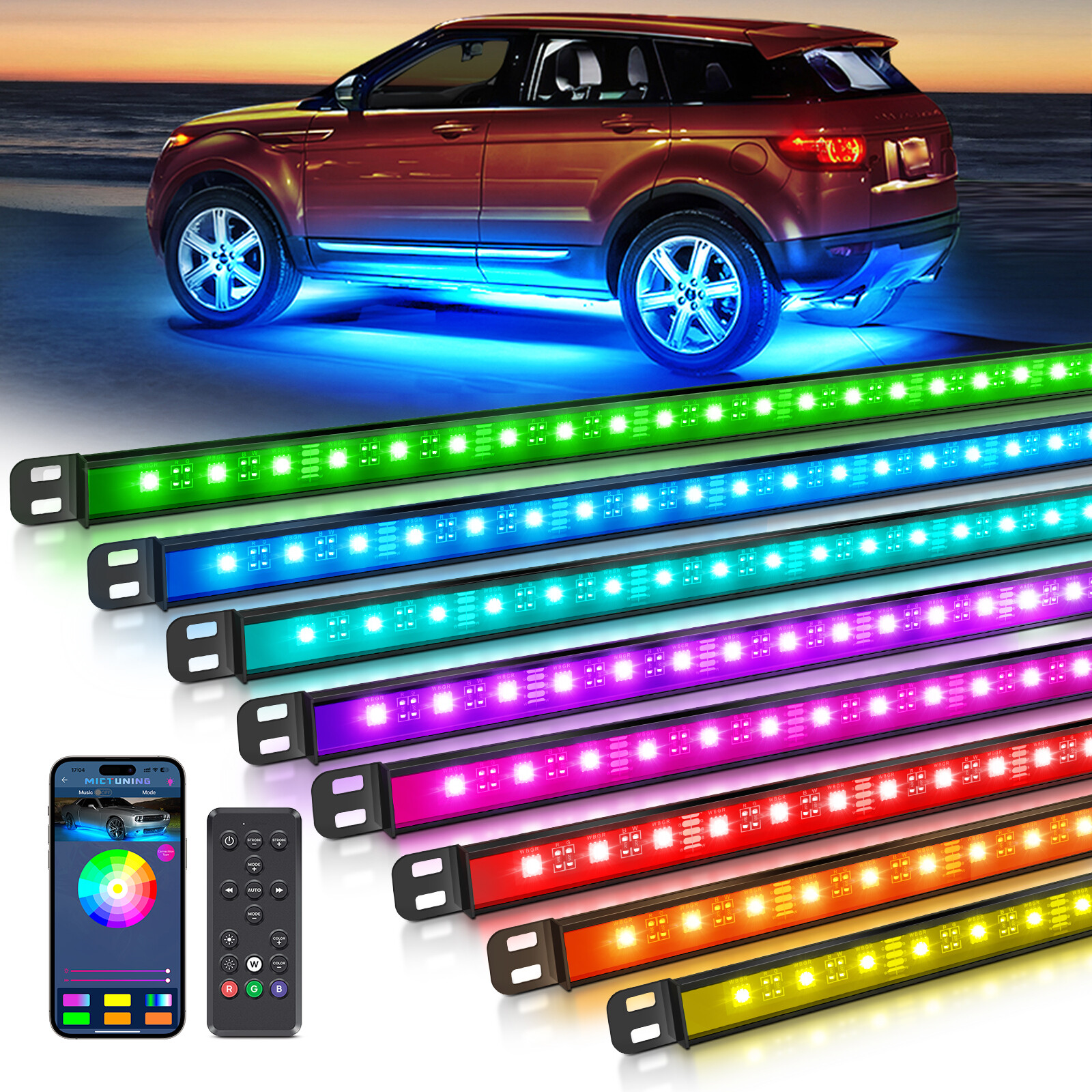 MICTUNING 8PCS N8 RGBW Underglow Light Bars , Underbody Neon Lights For SUVs
