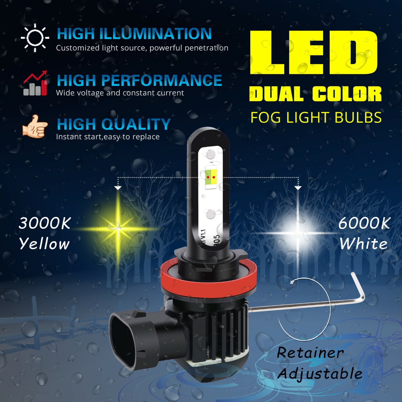 2-Color LED Fog Light Bulb,White Yellow Switchback,2504,5202,9006,H7,H10,H11,H16