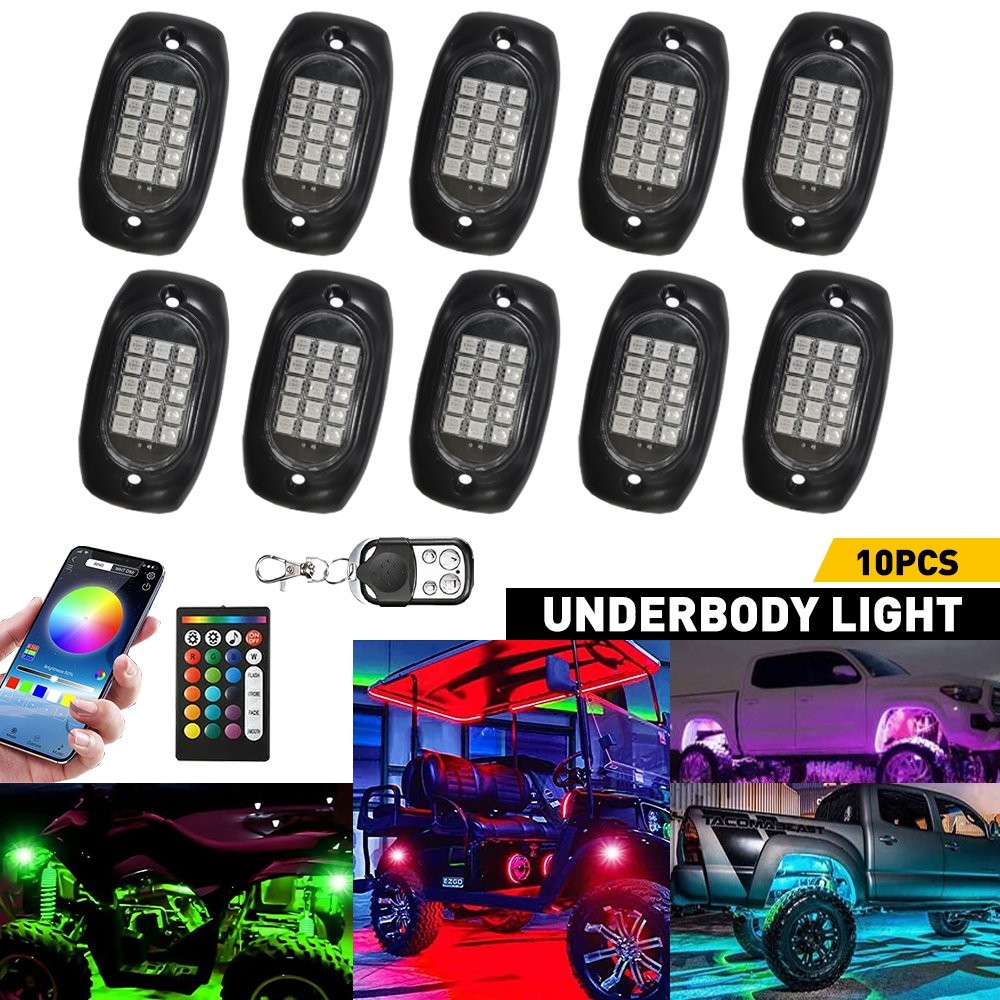 12V 10Pods RGB LED Rock Lights Underbody Wireless APP Music Chasing Offroad ATV