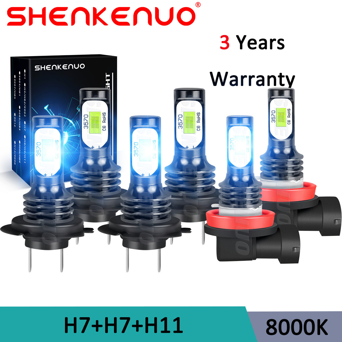 6Pcs LED Headlight High Low Beam + Fog Light Bulbs Kit Ice Blue 8000K H7+H7+H11