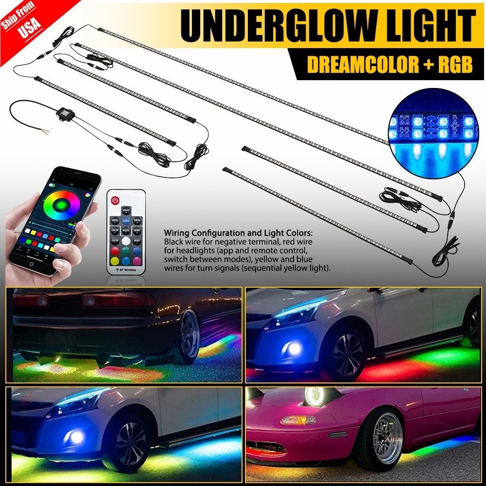 Double Row CHASING 2X 4FT +2X 6.5FT RGB Underglow Light Strips for Car Truck SET