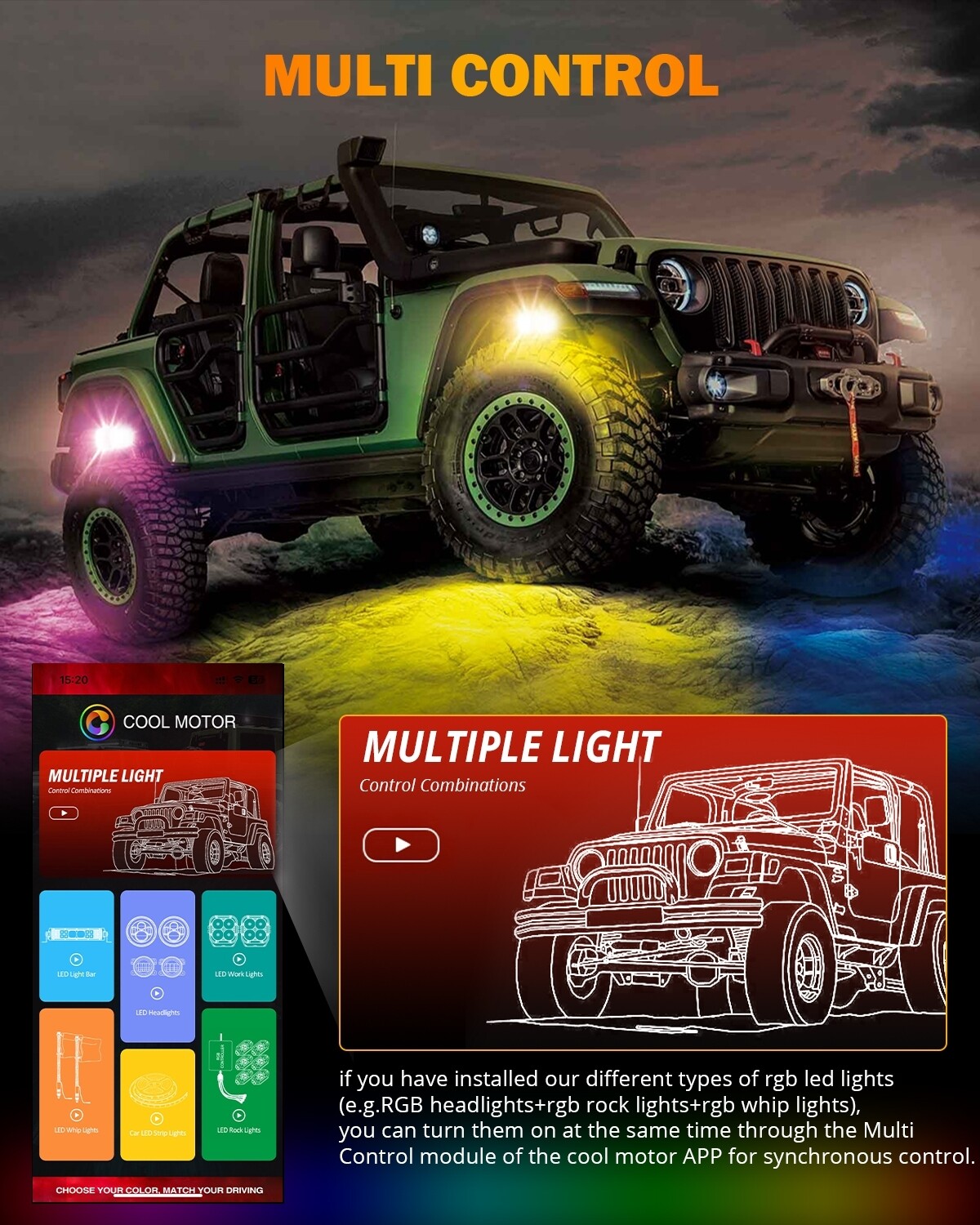 AUXBEAM For Jeep Wrangler JKU JK 4 Pods RGB LED Neon Rock Lights Underbody 48W