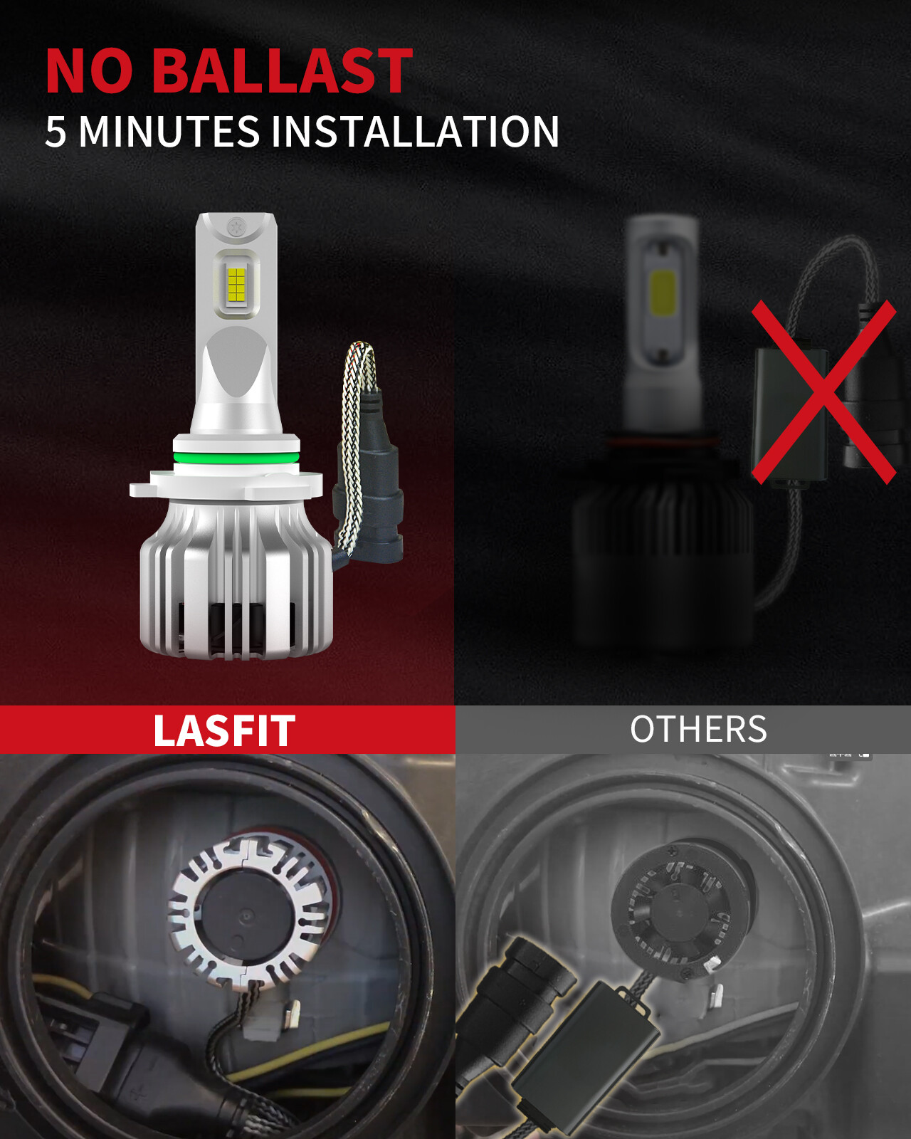 Lasfit 9006 LED Headlight Bulbs Conversion Kit Low Beam 6000K Fanless White 2x
