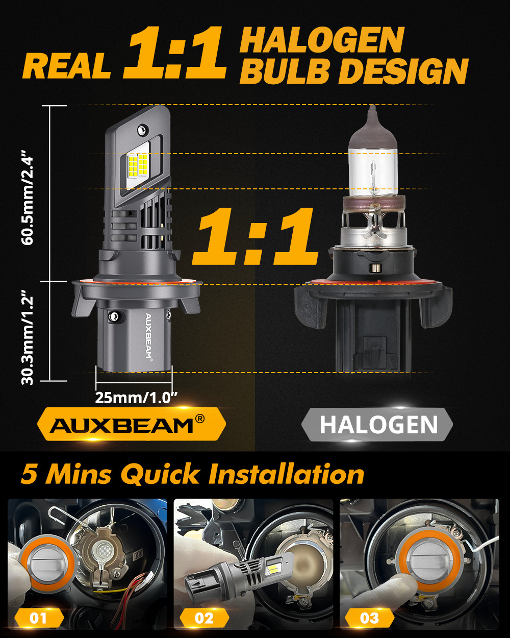 AUXBEAM H13 9008 Canbus LED Headlights Bulbs Light Hi-Low Beam 6500K White Kits