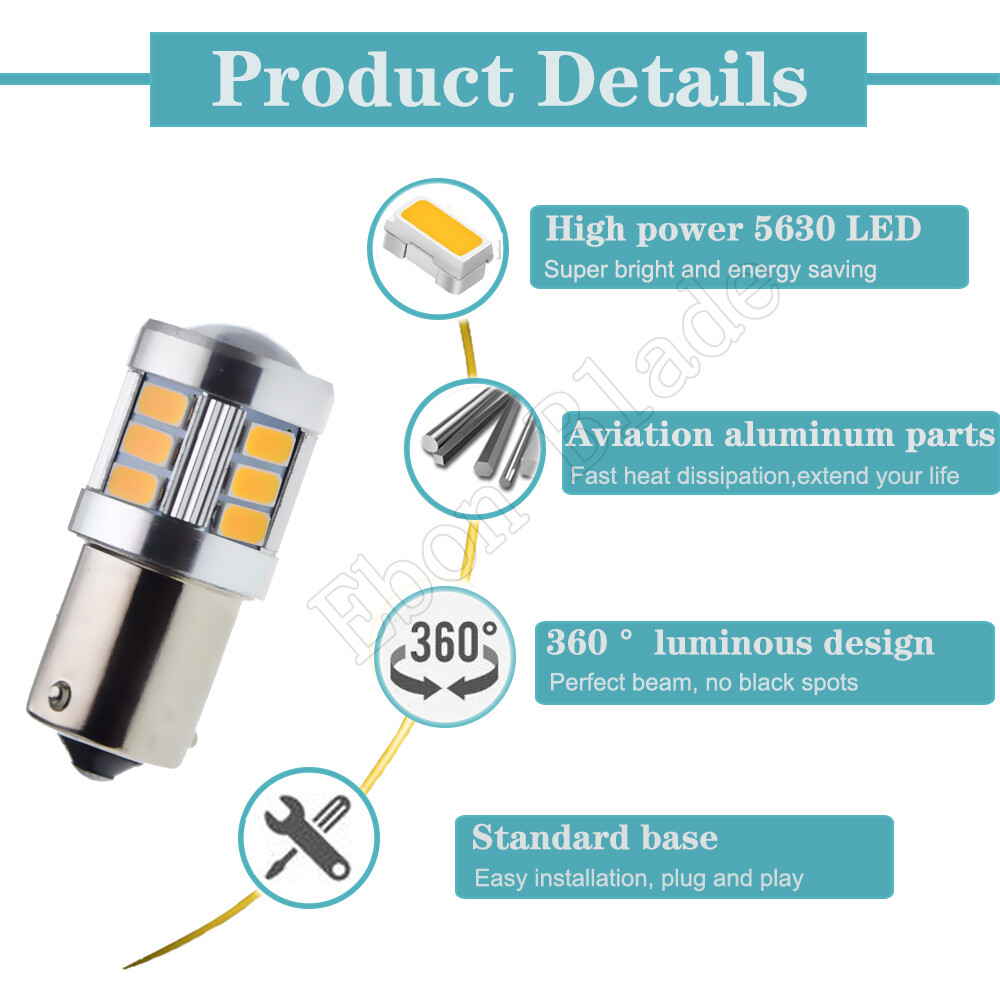 2 X 1156 BAU15S LED Bulbs Car Indicator Turn Signal Light Amber Bulbs 9V-30V DC