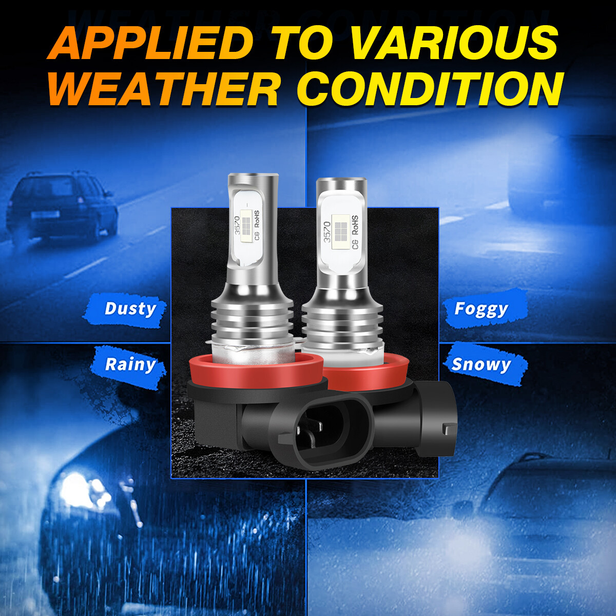 8000K Ice Blue LED Headlight Hi/Low Beam+Fog light bulbs Kit 6X H11 2400lm US