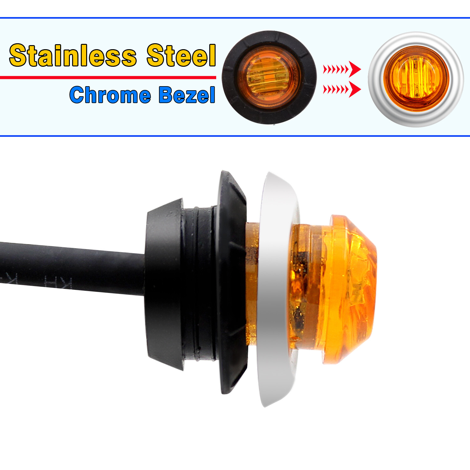50X 12V-24V Amber 3/4″ Round Side LED Marker Bullet Chrome Stainless Bezel Light
