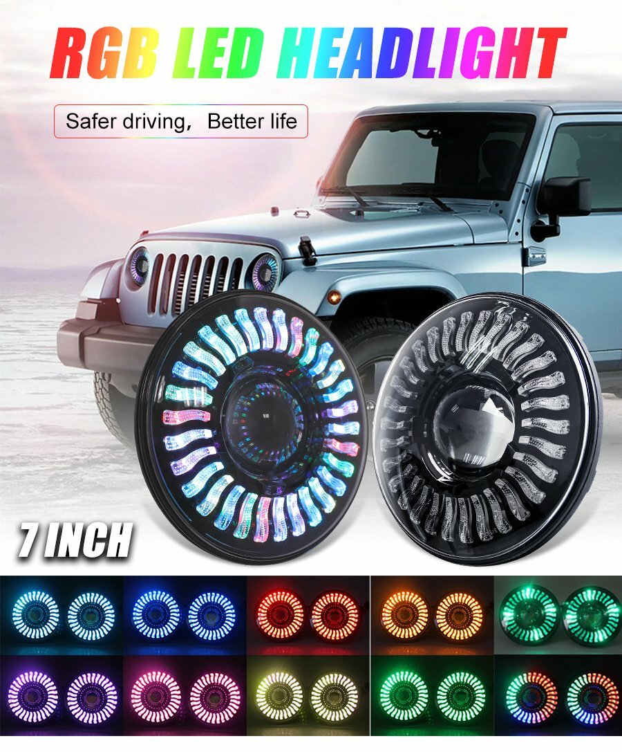 7“ RGB LED Headlights Chasing DRL & Fog Lights Combo Kit For Wrangler JK JKU