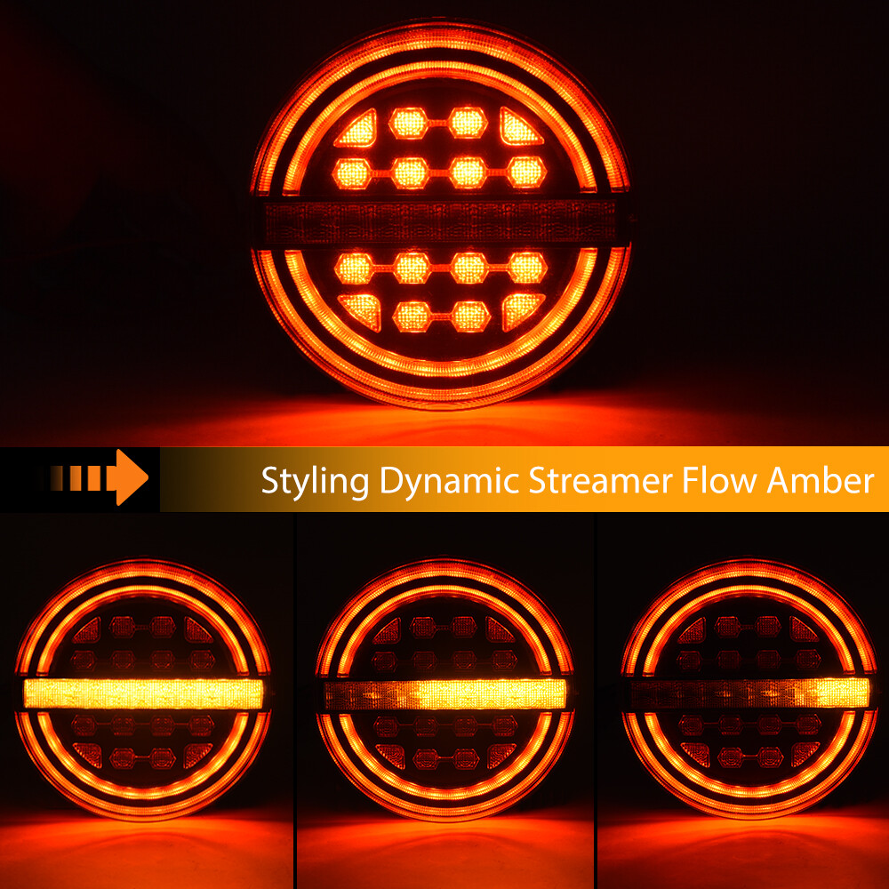 Pair 5.3″ Round LED Trailer Light Brake Lamp DRL Flow Amber Turn Signal Lamp Kit