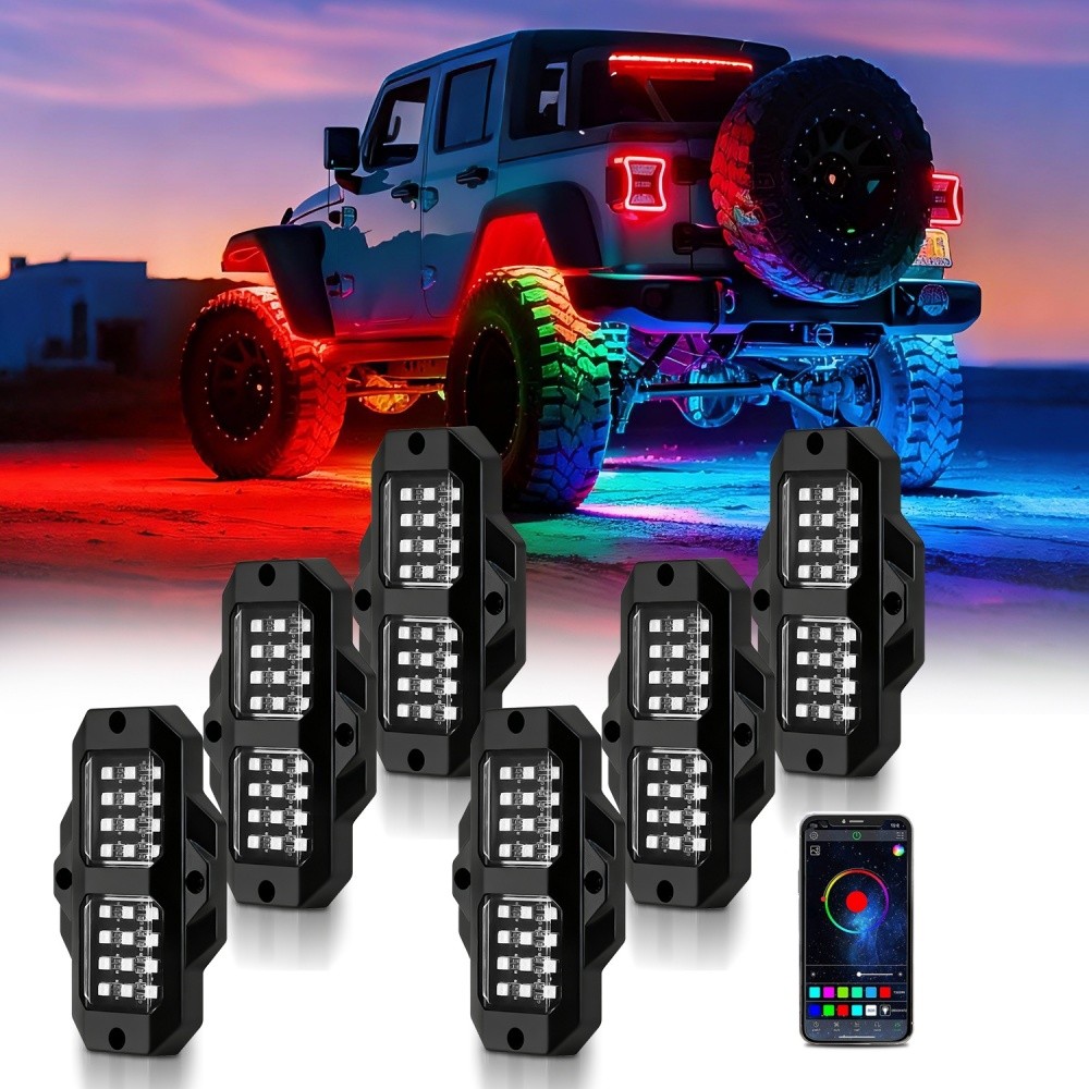6x RGB LED Pods Rock Light Kit Underbody Glow Neon Lamp Bluetooth Music Control
