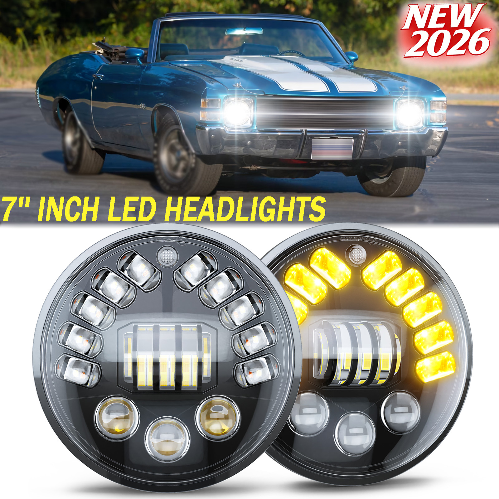 Newest Pair 7inch Led Round Headlight High-Low Beam for Peterbilt 379 359 Trucks