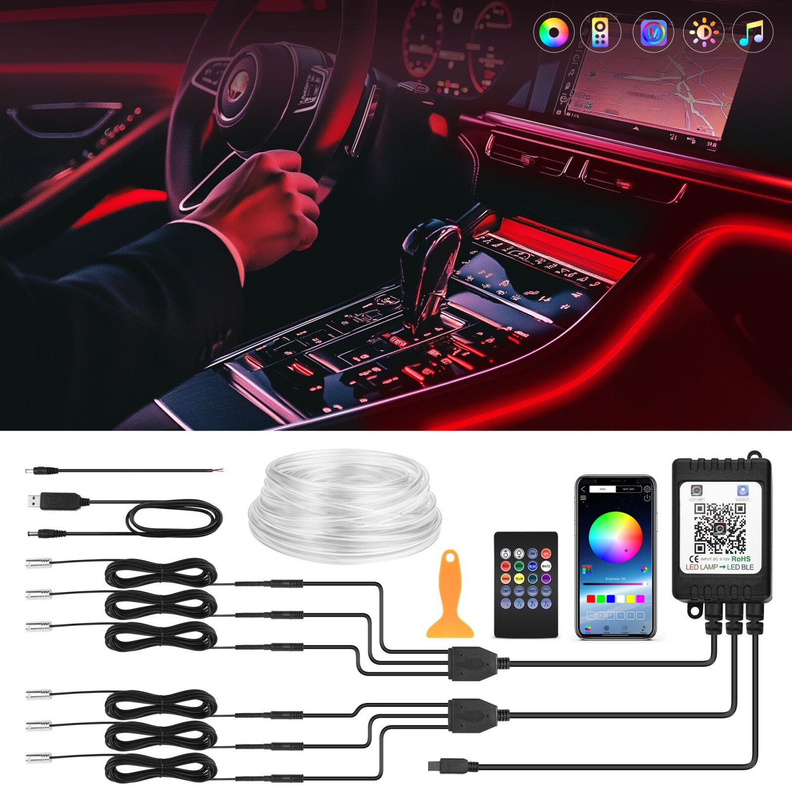 10M RGB 8 in 1 Car Light Strips SUV Car Interior Accent Decor Neon Lighting Kit