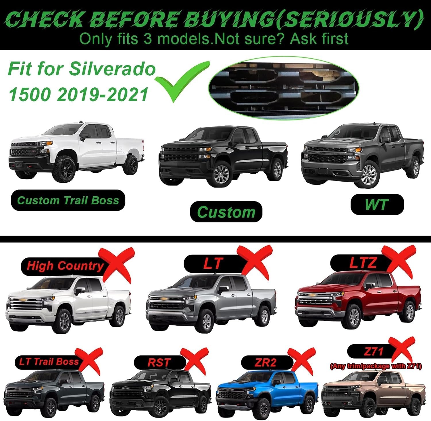 LED Front Grill Grille Lights for 2019-2021 Silverado 1500 Custom Trail Boss WT