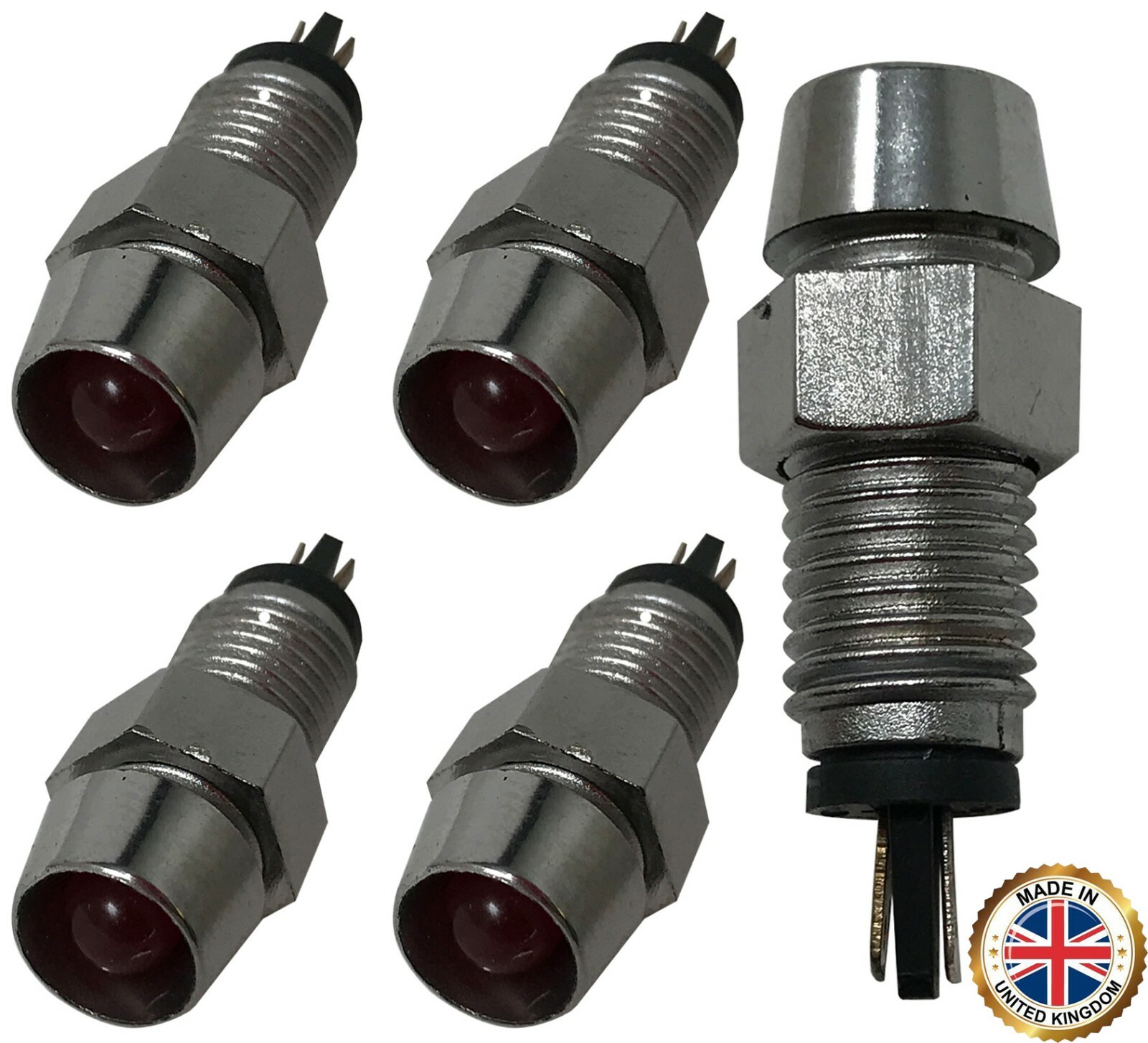 5 Pack of Universal 12V Red LED Lamp Dash Panel Pilot Indicator Light – Chrome
