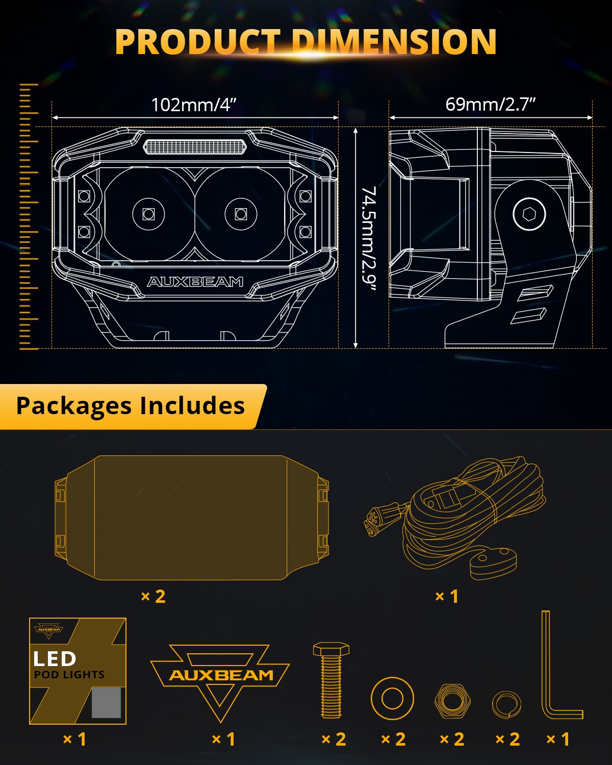 2x AUXBEAM 4×2.5″ LED Pods Driving Lights w/ Side Shooter Amber Light for Jeep