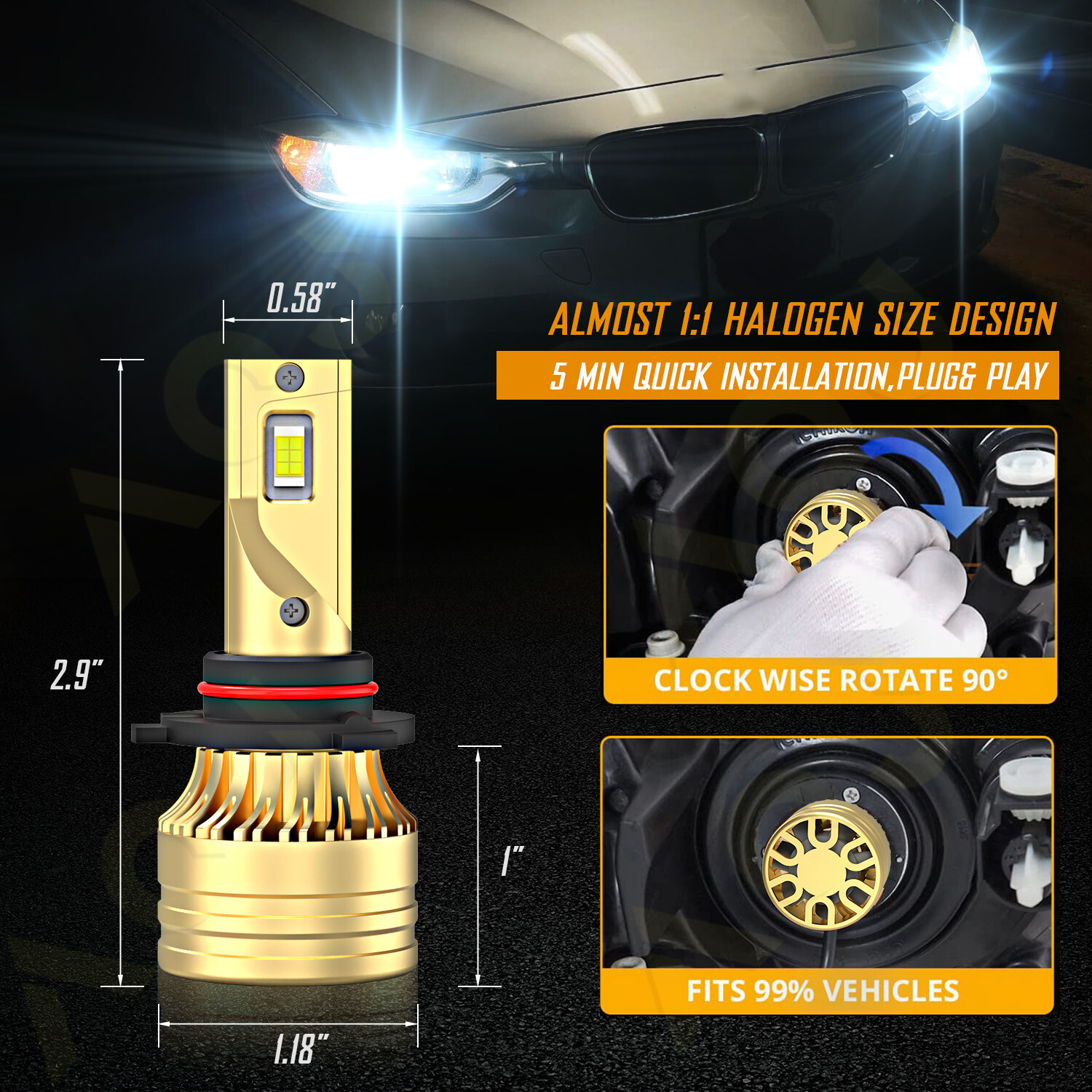 9012/HIR2 H16/5202 LED Headlight Fog Light Kit Bulbs White 6000K Plug&Play 4Pack