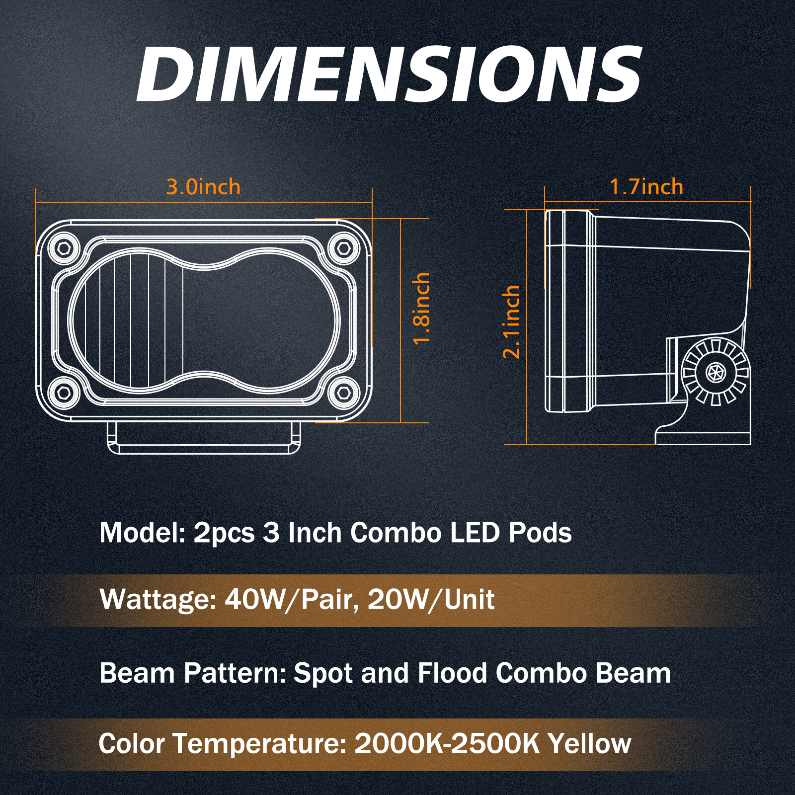 3inch LED Work Light Bar Spot Flood Cube Pods Amber Driving Fog Lamp Offroad 12V