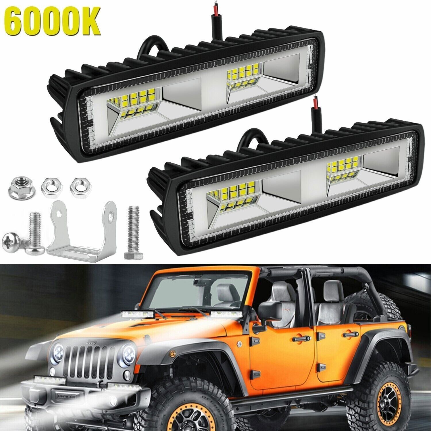 2Pcs 6″ 48W LED Work Light Bar Spot Pods Fog Lamp Offroad SUV ATV Truck