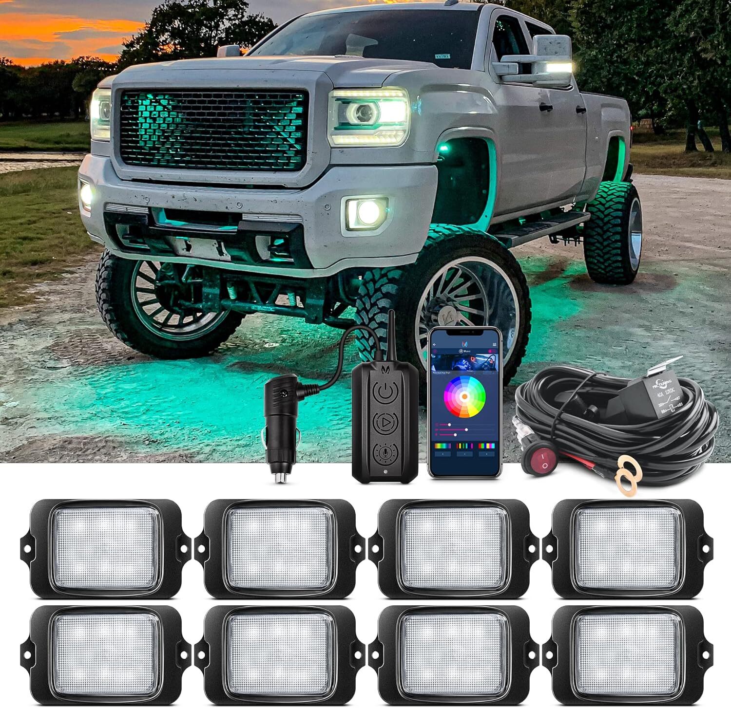 MICTUNING RGBW LED Rock Lights Kits 8 Pods Wireless Control Car Underglow Lights