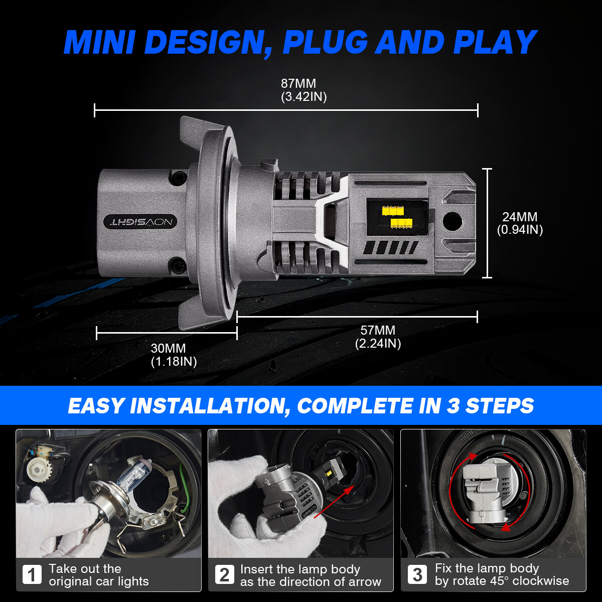 NOVSIGHT H13 LED Headlight Bulbs 12000LM High Low Beam Lamp 6500K High Bright