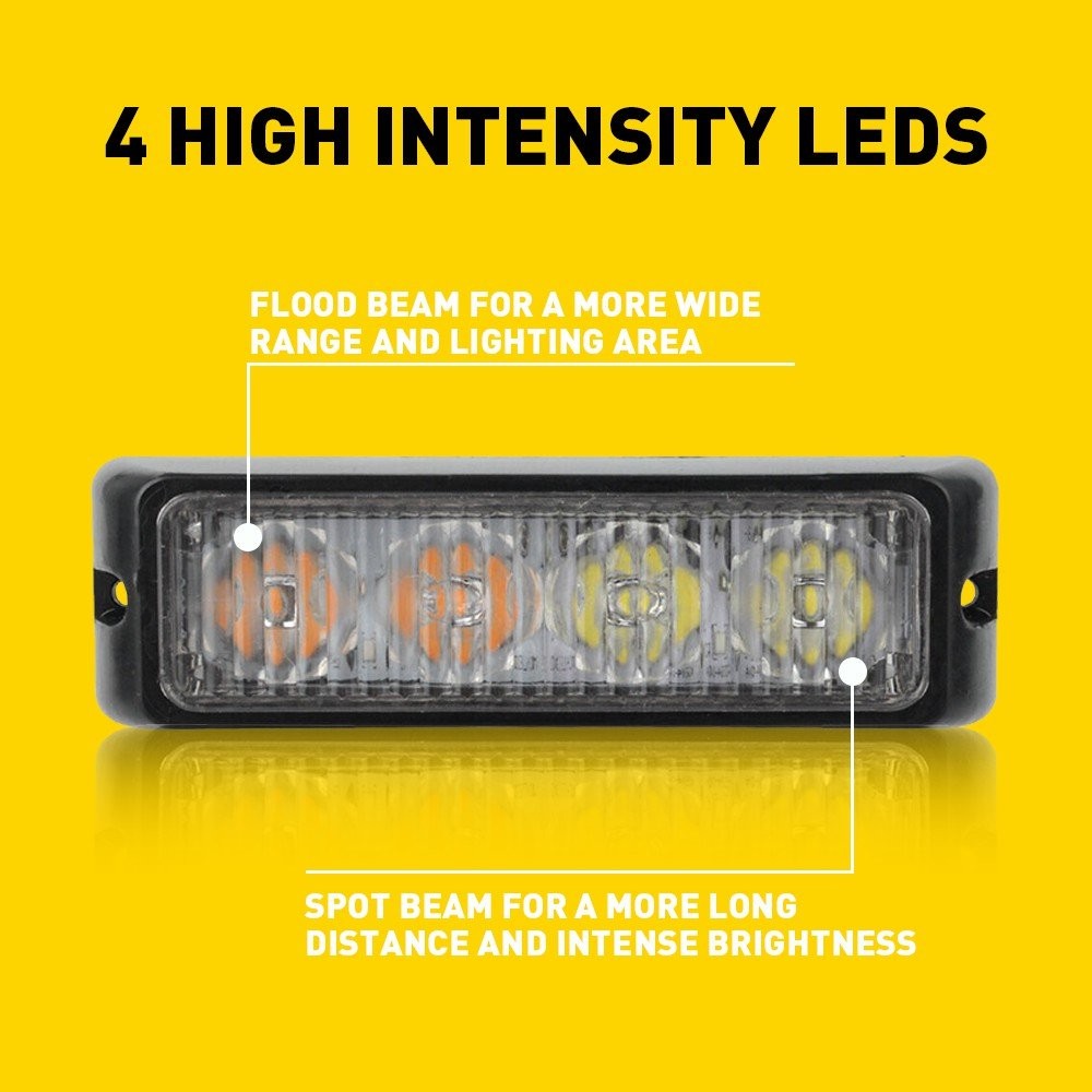 2PCS Car 4LED Emergency Warning Amber/White Beacon Light Flash Strobe Indicator