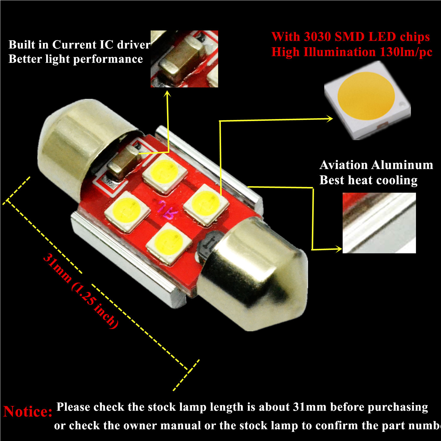 Alla Lighting 800LM 3030 LED Dome Map Trunk Light Festoon Bulb DE3175,White,4x