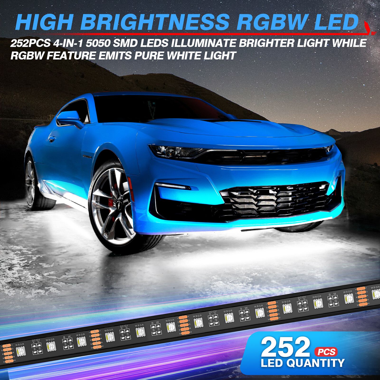 MICTUNING 8pc N8 RGBW Underglow LED Light Bar Strips Kit for Car Wireless Remote