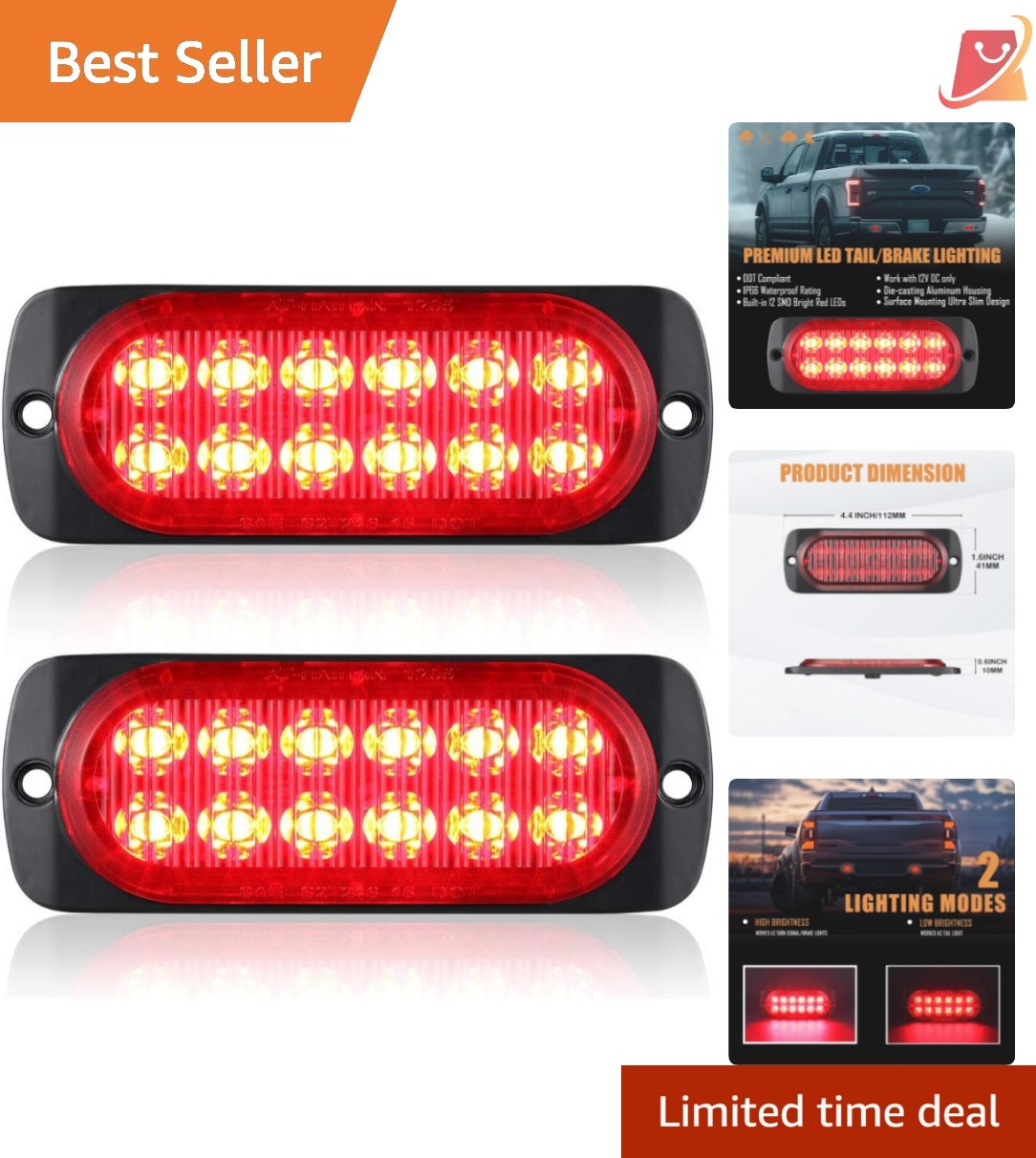 Aluminum Housing Red LED Trailer Lights Pack of 2 Waterproof Surface Mount DOT