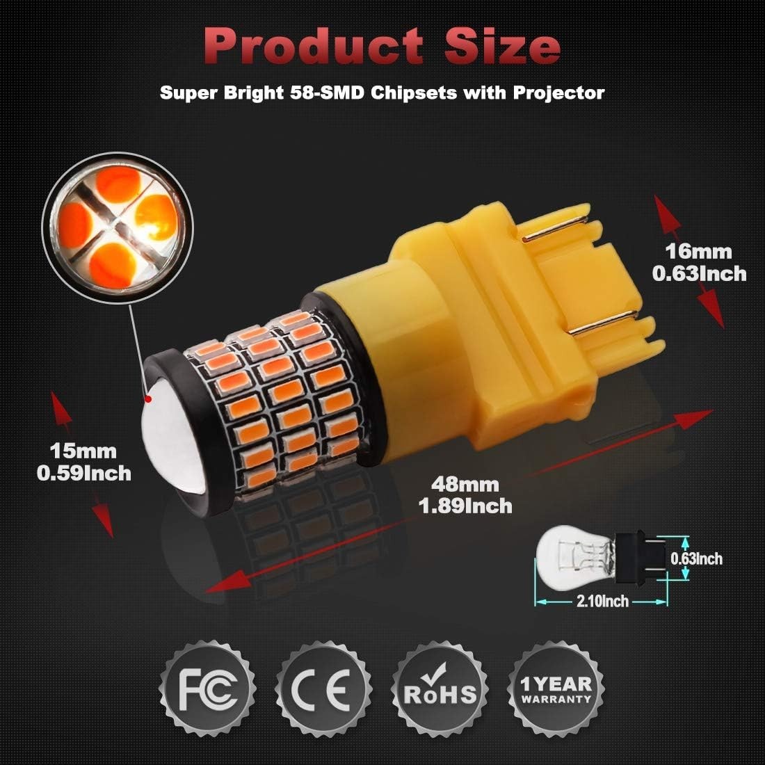 Plug & Play 3157 Amber LED Bulbs for Front/Rear Turn Signals – 50000 Hours Life