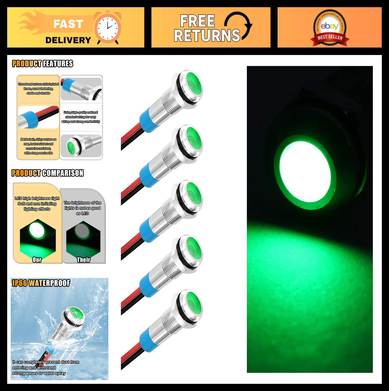 5PCS 6MM LED Indicator Light, Waterproof Metal Signal Lamp AC/DC 12-24V, Green