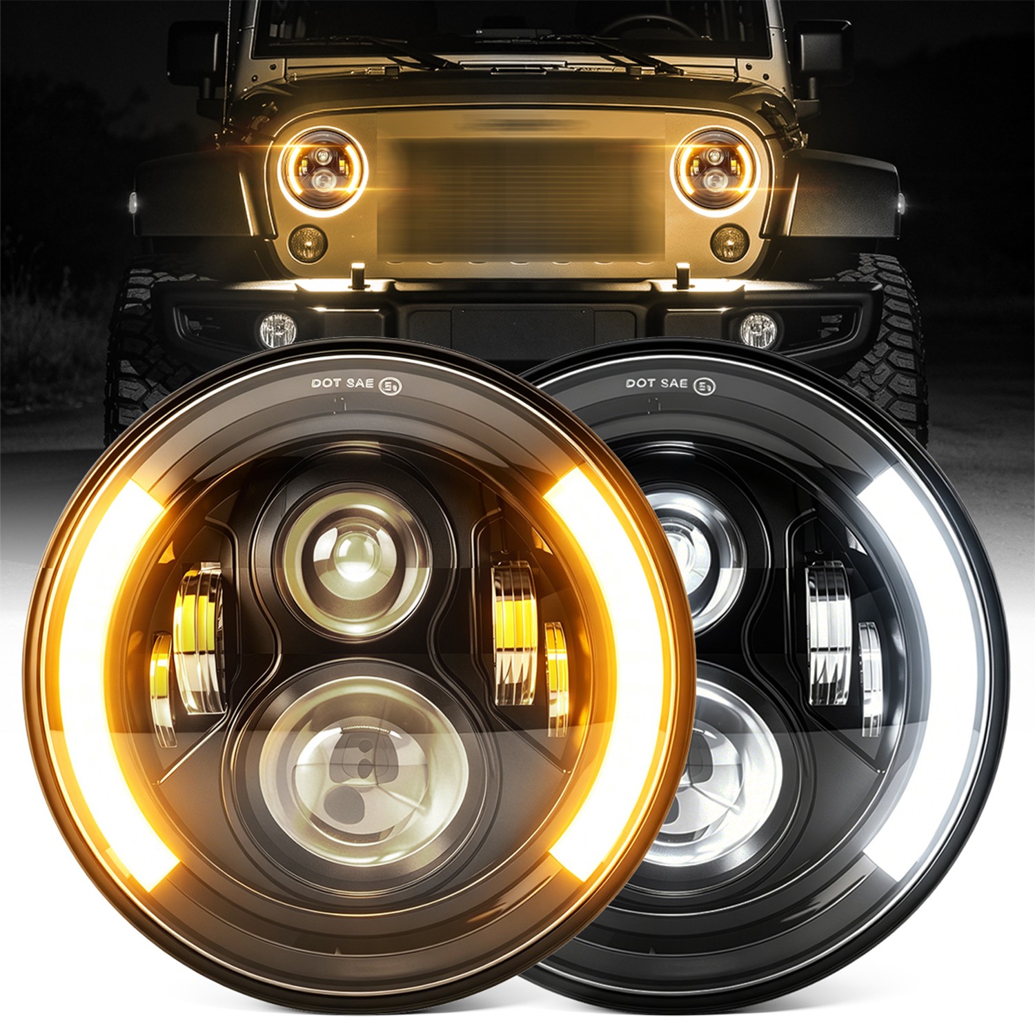PAIR 7″ Inch round led headlights For Jeep Wrangler JK CJ LJ TJ Haloangel Eyes