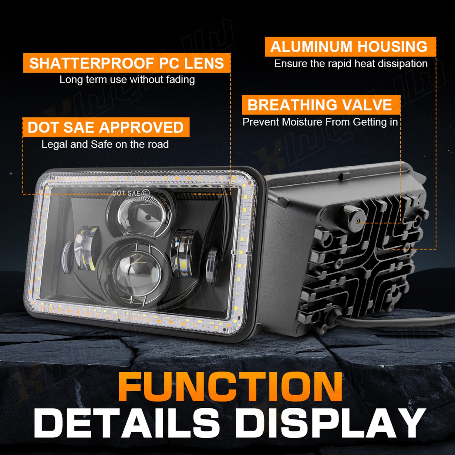 4×6 LED Square Headlights IP68 Waterproof Hi Lo Beam Pair