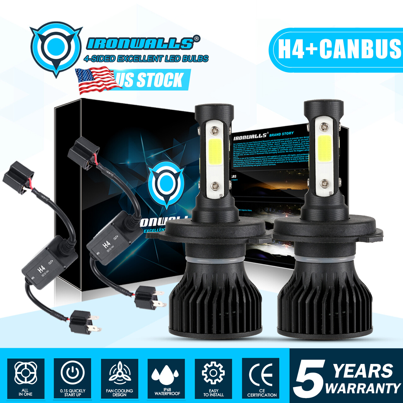 4 Sides H4 HB2 9003 LED Headlight Kit High Low Beam Bulbs 6000K+Canbus Adapter