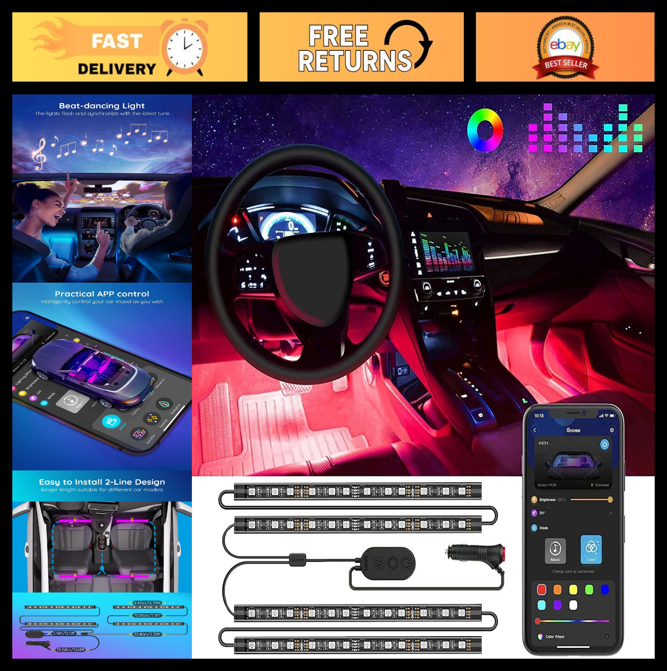 RGB Smart Car Interior LED Lights – App Control, DIY & Music Modes, 12V Charger