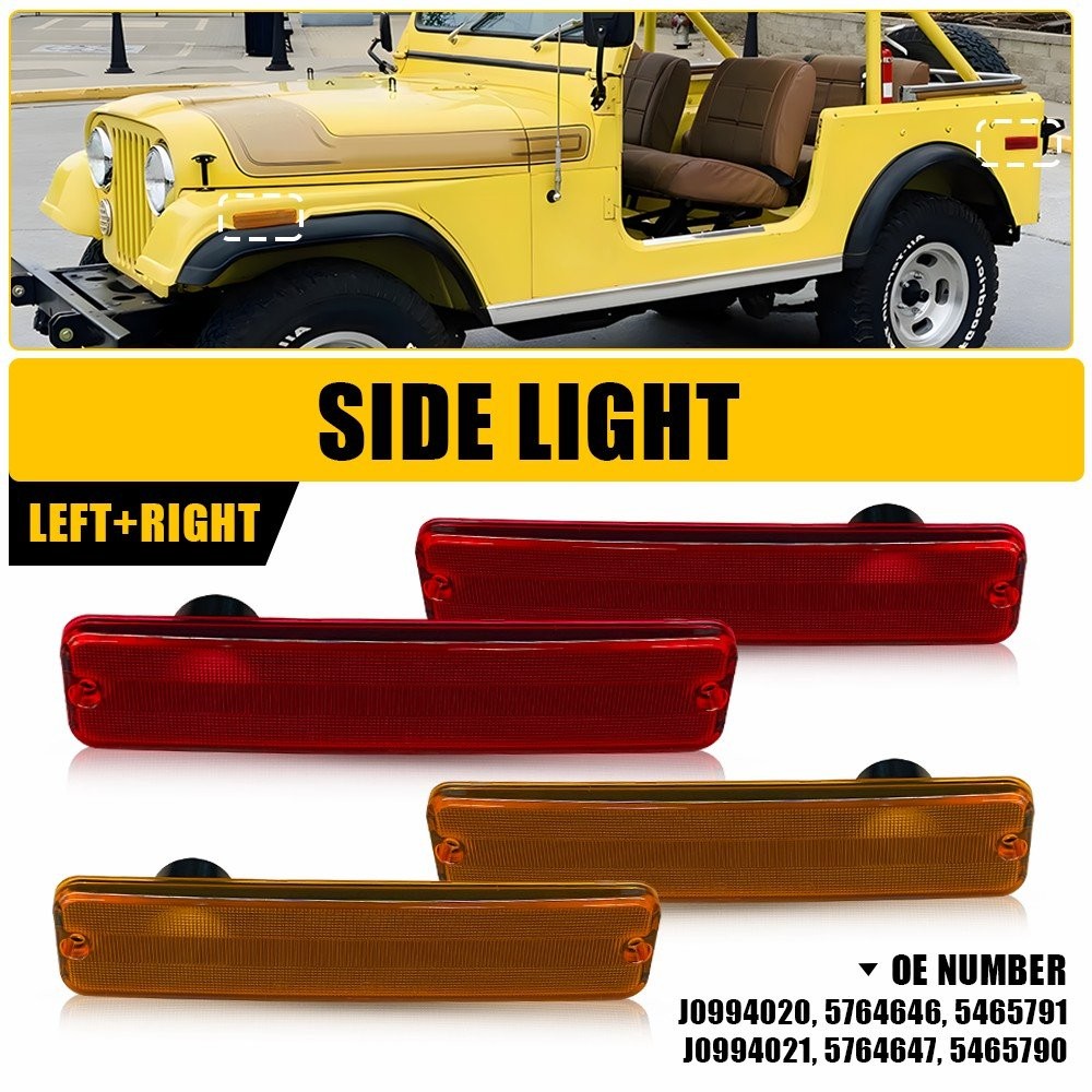 4PC Front Rear Side Marker Light Amber Red Lens For Jeep Cherokee J10 Pickup CJ5