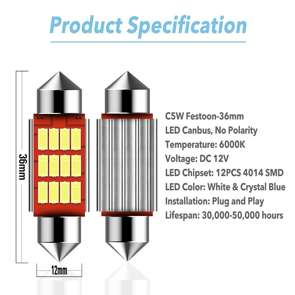 AUXITO 2x 36mm(1.42″) 6411 6413 6418 C5W 16 SMD Super Bright White LED Bulb