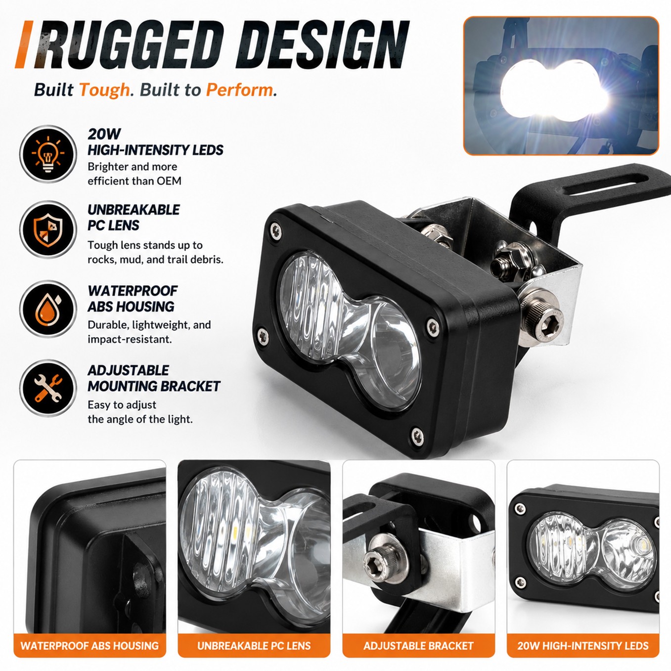Headlight Kit For Ridstar Q20 EBike Plug and Play Waterproof 20W LED Work Light
