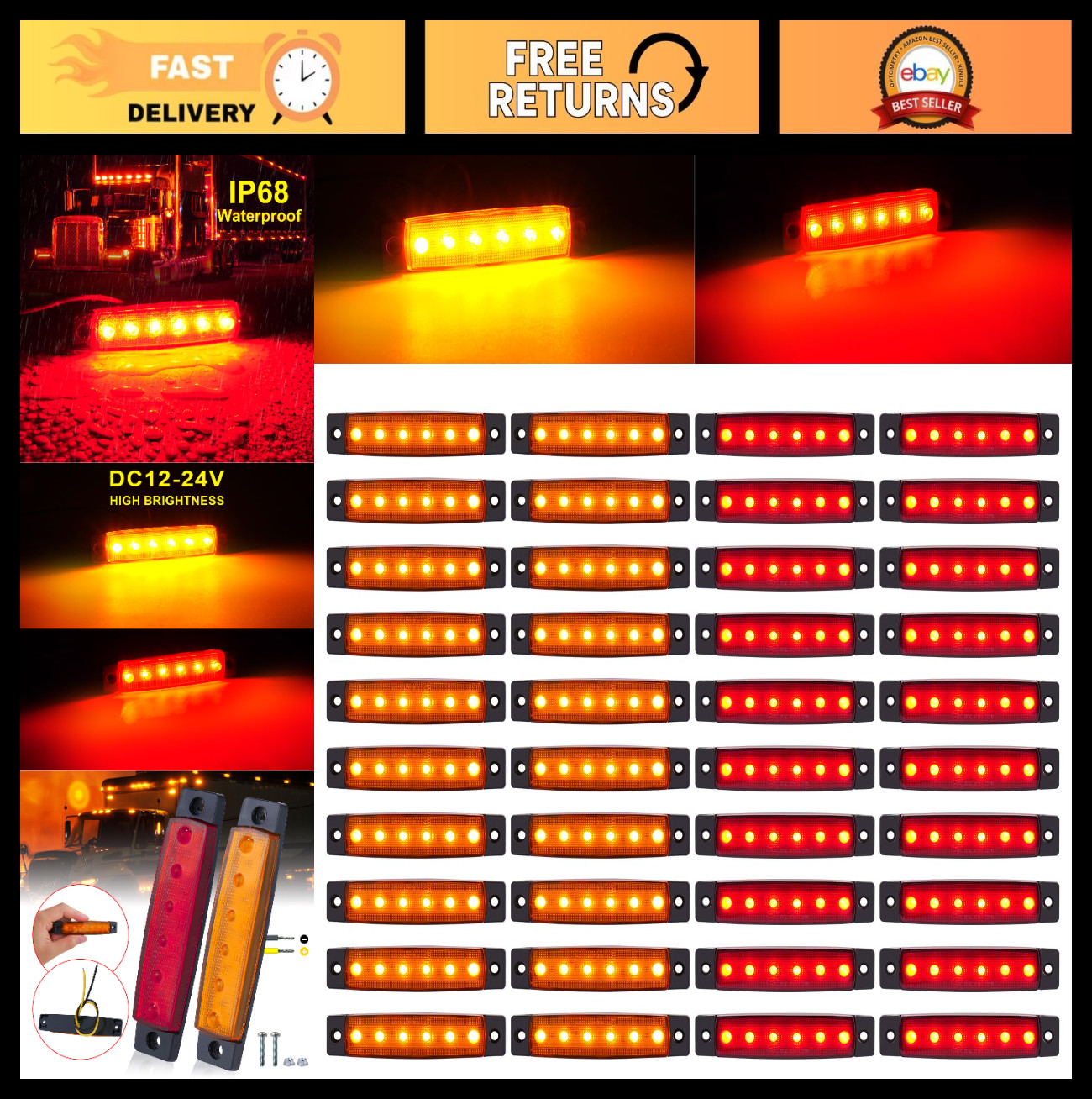 40 Pack 6 LED Trailer Marker Lights – DC12-24V Clearance Side Indicator Lamps fo