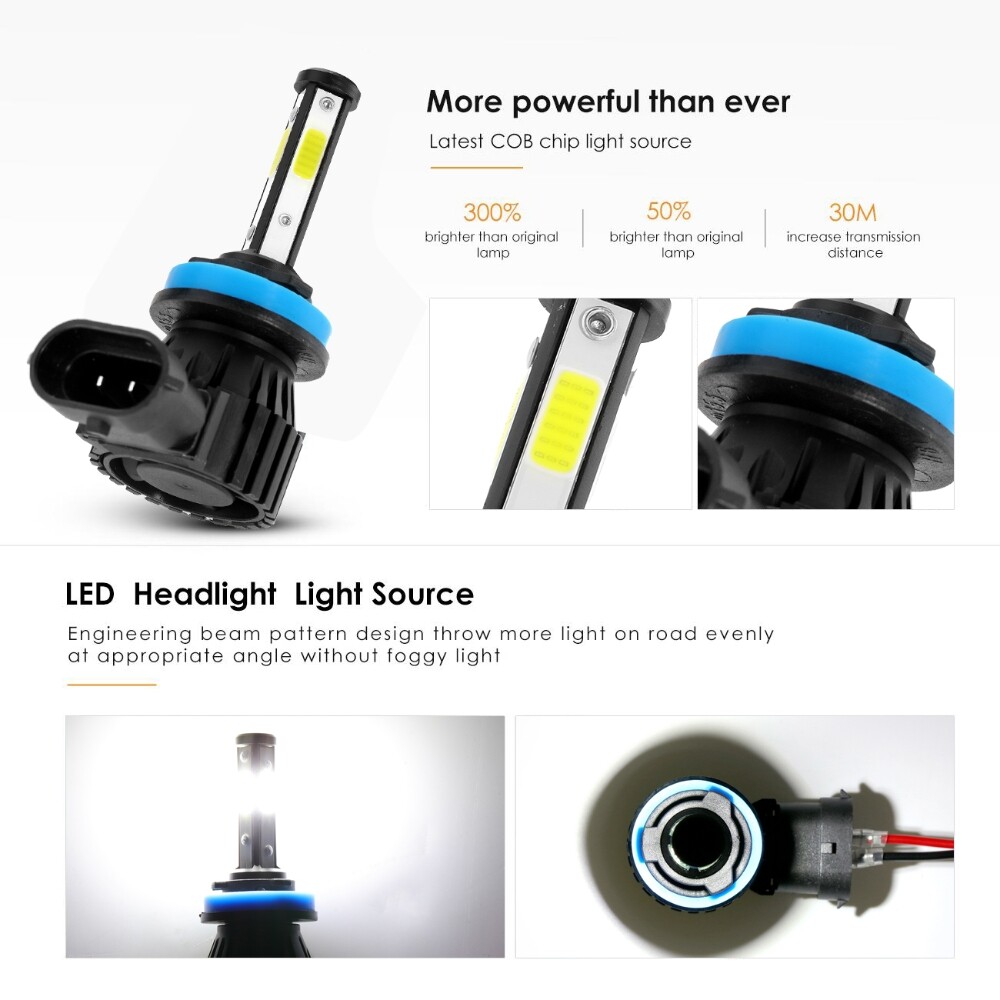 IRONWALLS 4-sides LED Bulbs H11 H9 Headlight High or Low Beam Bright White 6500K