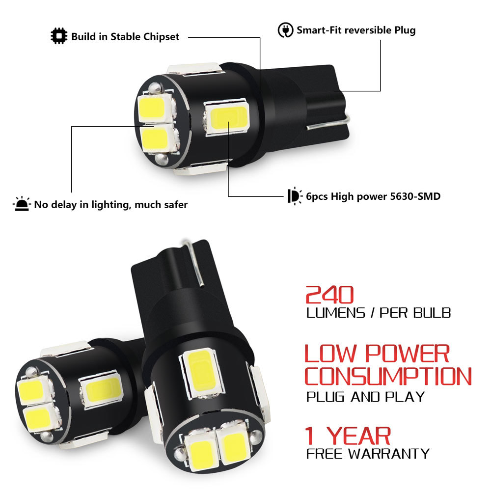 10 X 6000K White T10 5630SMD Wedge courtesy Map Dome LED Light bulbs W5W 194 168