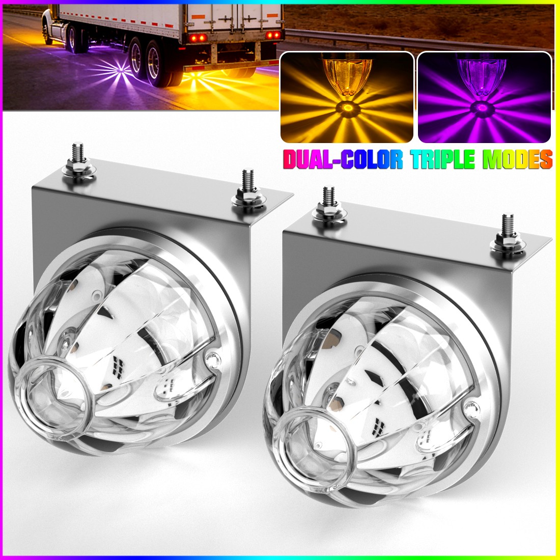 2x Amber Purple LED Watermelon Lights Trailer Truck Side Marker Light w/Brackets