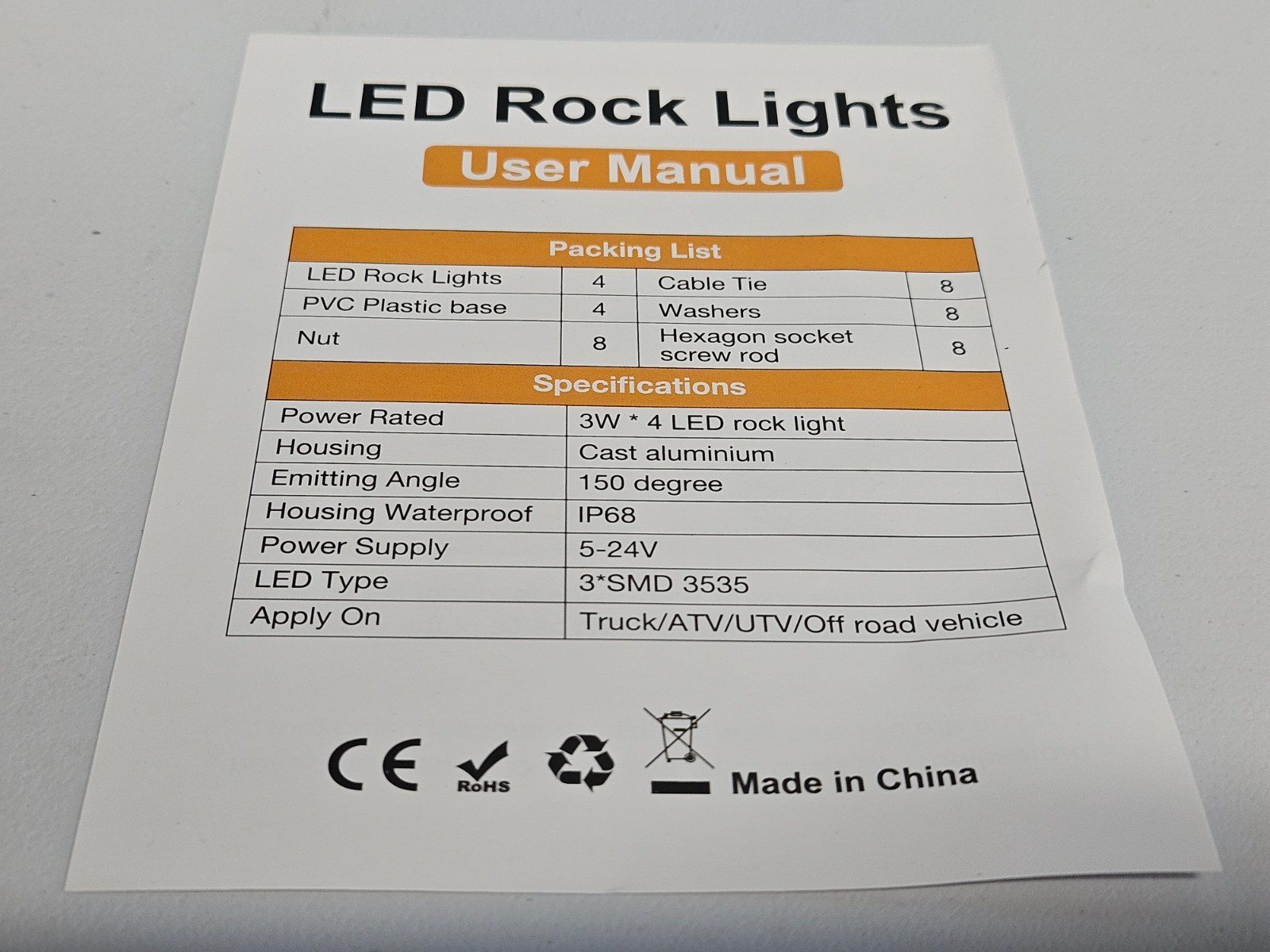 LED Rock Lights, 4 Lights, 5-24V IP68 Waterproof, Red For Off-Road Vehicle – New