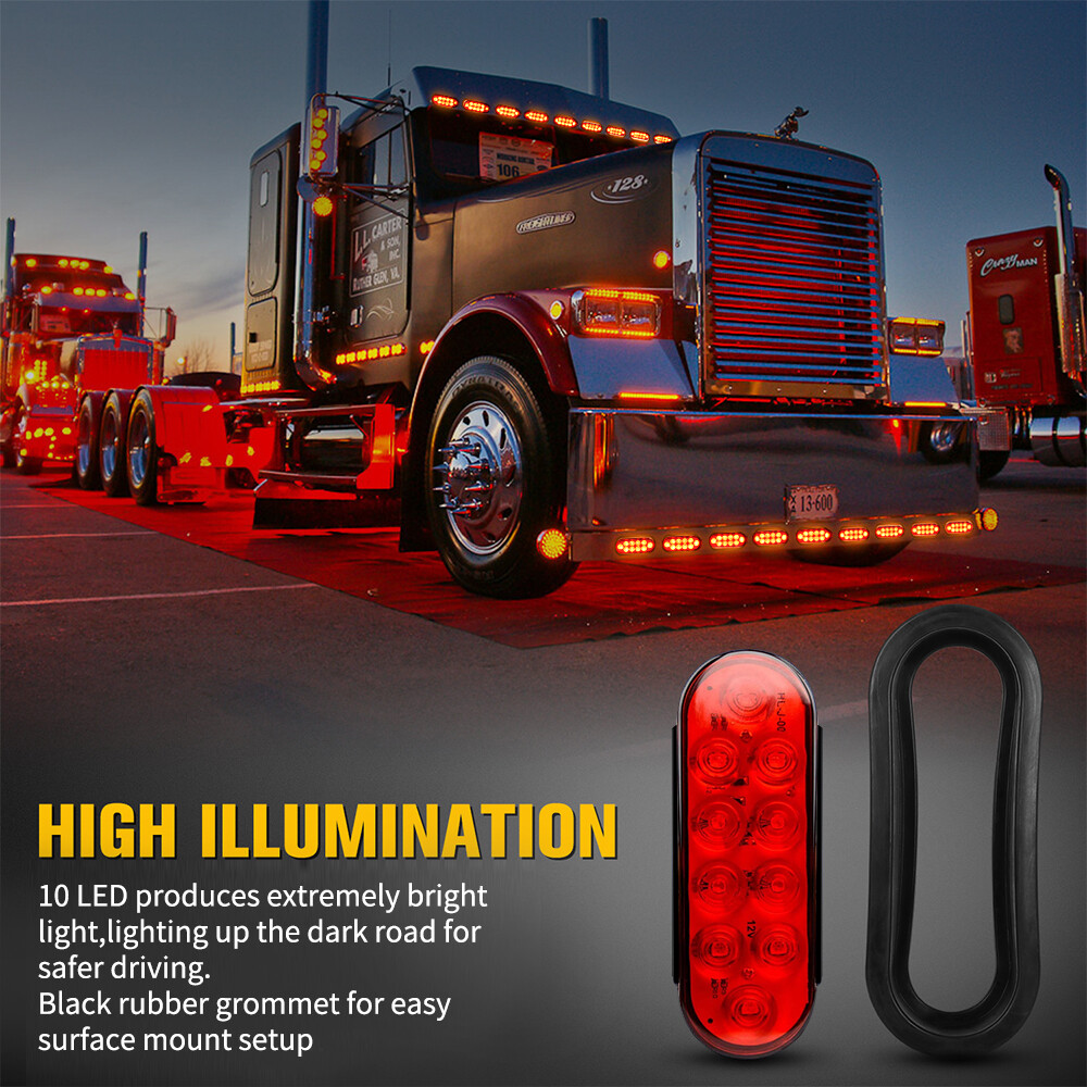 2 Red 6″ Oval Trailer Lights 10 LED Stop Turn Tail Truck Sealed Grommet Plug DOT