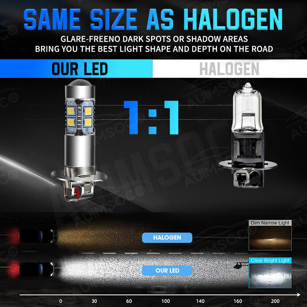 2Pcs H3 LED Fog Light Bulb Conversion Kit Super Bright White DRL Lamp 6000K 200W